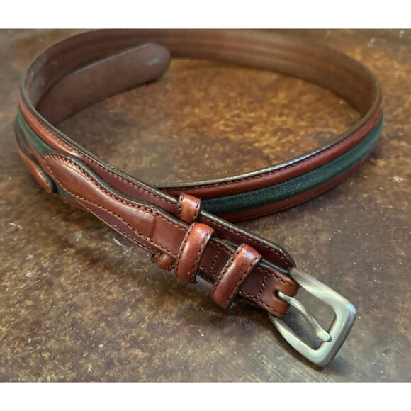 Orvis Men’s Surcingle Belt Size 42 Brown Leather Trim Green Stripe - Picture 4 of 7